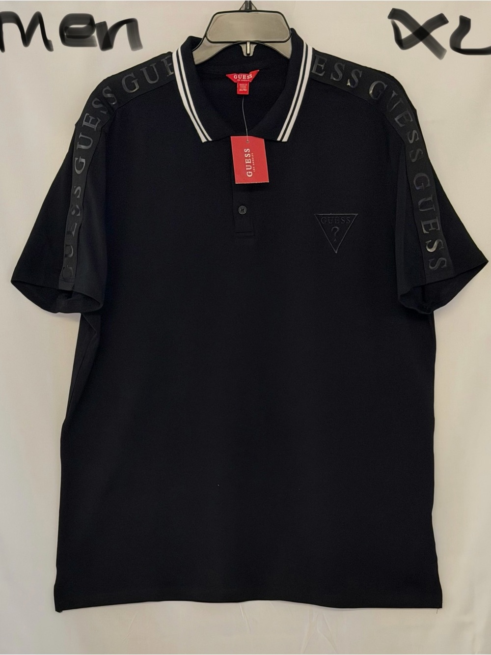 GUESS Black Polo with Logo Shoulder Tape and Contrast Stripe Collar